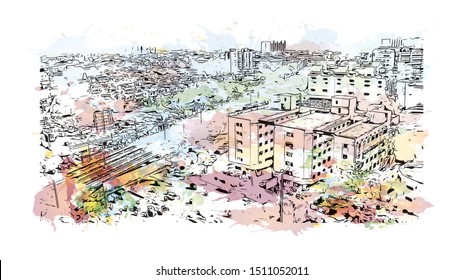 Building view with landmark of Surat is a large city beside the Tapi River in the west Indian state of Gujarat. Watercolor splash with Hand drawn sketch illustration in vector.