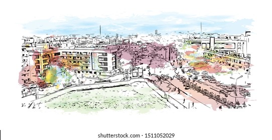Building view with landmark of Surat is a large city beside the Tapi River in the west Indian state of Gujarat. Watercolor splash with Hand drawn sketch illustration in vector.