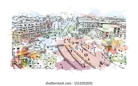 Building view with landmark of Surat is a large city beside the Tapi River in the west Indian state of Gujarat. Watercolor splash with Hand drawn sketch illustration in vector.