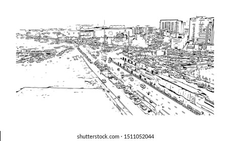 Building view with landmark of Surat is a large city beside the Tapi River in the west Indian state of Gujarat. Hand drawn sketch illustration in vector.