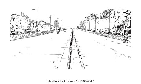 Building view with landmark of Surat is a large city beside the Tapi River in the west Indian state of Gujarat. Hand drawn sketch illustration in vector.