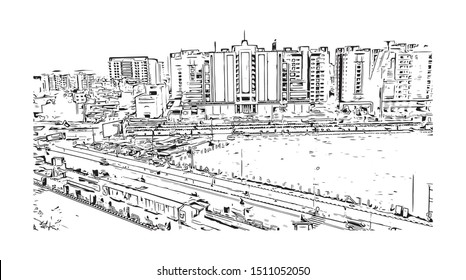 Building view with landmark of Surat is a large city beside the Tapi River in the west Indian state of Gujarat. Hand drawn sketch illustration in vector.