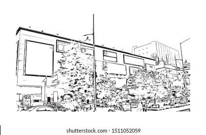 Building view with landmark of Surat is a large city beside the Tapi River in the west Indian state of Gujarat. Hand drawn sketch illustration in vector.