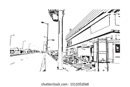Building view with landmark of Surat is a large city beside the Tapi River in the west Indian state of Gujarat. Hand drawn sketch illustration in vector.