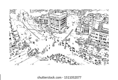 Building view with landmark of Surat is a large city beside the Tapi River in the west Indian state of Gujarat. Hand drawn sketch illustration in vector.