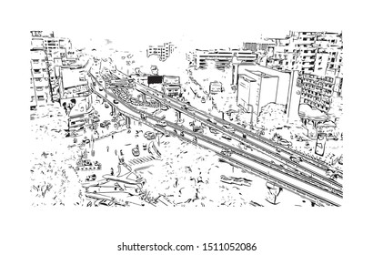 Building view with landmark of Surat is a large city beside the Tapi River in the west Indian state of Gujarat. Hand drawn sketch illustration in vector.