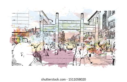 Building view with landmark of Suzhou, a city west of Shanghai, is known for its canals, bridges and classical gardens. Watercolor splash with Hand drawn sketch illustration in vector.