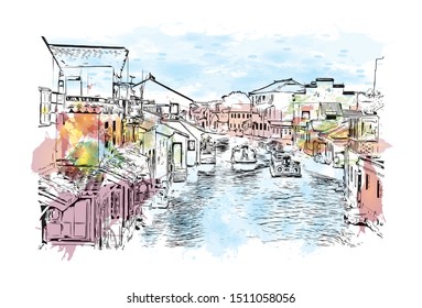Building view with landmark of Suzhou, a city west of Shanghai, is known for its canals, bridges and classical gardens. Watercolor splash with Hand drawn sketch illustration in vector.