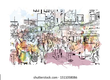 Building view with landmark of Suzhou, a city west of Shanghai, is known for its canals, bridges and classical gardens. Watercolor splash with Hand drawn sketch illustration in vector.