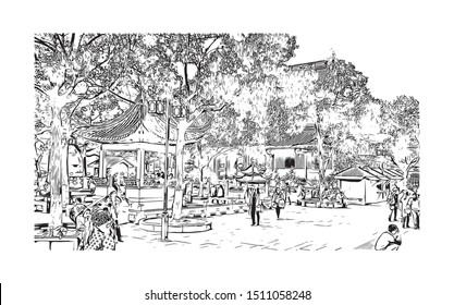 Building view with landmark of Suzhou, a city west of Shanghai, is known for its canals, bridges and classical gardens. Hand drawn sketch illustration in vector.