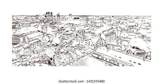 Building view with landmark of Tallinn, Estonia’s capital on the Baltic Sea, is the country’s cultural hub. Hand drawn sketch illustration in vector.