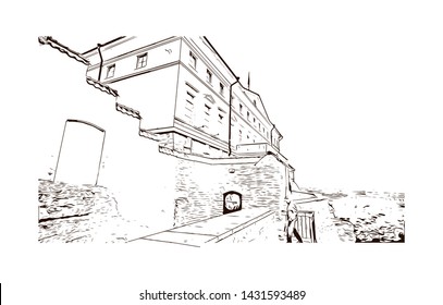 Building view with landmark of Tallinn, Estonia’s capital on the Baltic Sea, is the country’s cultural hub. Hand drawn sketch illustration in vector.