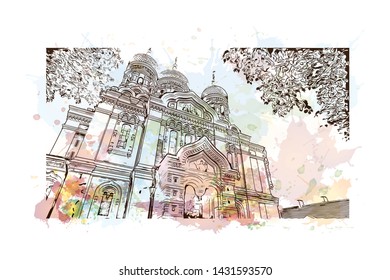 Building view with landmark of Tallinn, Estonia’s capital on the Baltic Sea, is the country’s cultural hub. Watercolor splash with Hand drawn sketch illustration in vector.