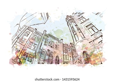 Building view with landmark of Tallinn, Estonia’s capital on the Baltic Sea, is the country’s cultural hub. Watercolor splash with Hand drawn sketch illustration in vector.