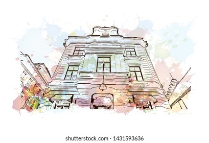 Building view with landmark of Tallinn, Estonia’s capital on the Baltic Sea, is the country’s cultural hub. Watercolor splash with Hand drawn sketch illustration in vector.
