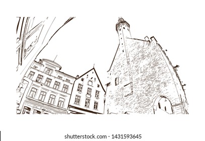 Building view with landmark of Tallinn, Estonia’s capital on the Baltic Sea, is the country’s cultural hub. Hand drawn sketch illustration in vector.