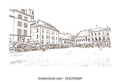 Building view with landmark of Tallinn, Estonia’s capital on the Baltic Sea, is the country’s cultural hub. Hand drawn sketch illustration in vector.