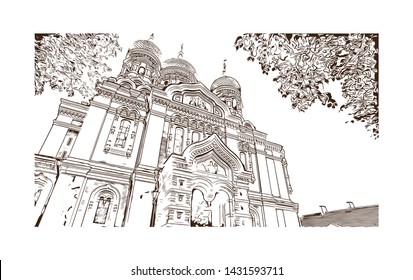 Building view with landmark of Tallinn, Estonia’s capital on the Baltic Sea, is the country’s cultural hub. Hand drawn sketch illustration in vector.