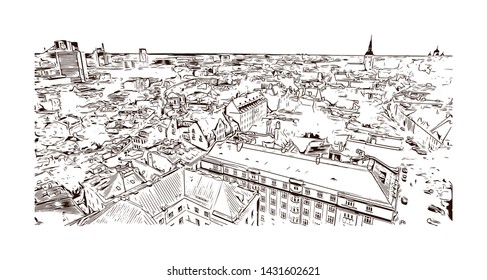 Building view with landmark of Tallinn, Estonia’s capital on the Baltic Sea, is the country’s cultural hub. Hand drawn sketch illustration in vector.