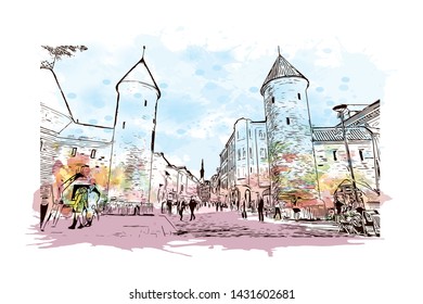 Building view with landmark of Tallinn, Estonia’s capital on the Baltic Sea, is the country’s cultural hub. Watercolor splash with Hand drawn sketch illustration in vector.