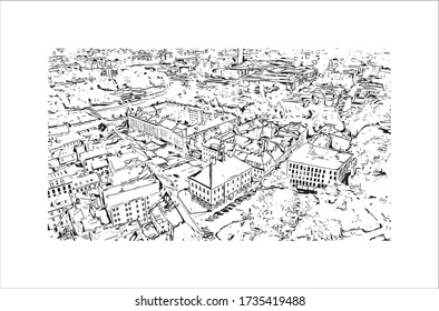 Building view with landmark of Tartu is a city in eastern Estonia. It’s known for the prestigious, 17th-century University of Tartu. Hand drawn sketch illustration in vector.