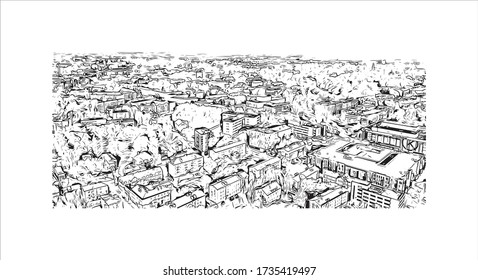 Building view with landmark of Tartu is a city in eastern Estonia. It’s known for the prestigious, 17th-century University of Tartu. Hand drawn sketch illustration in vector.