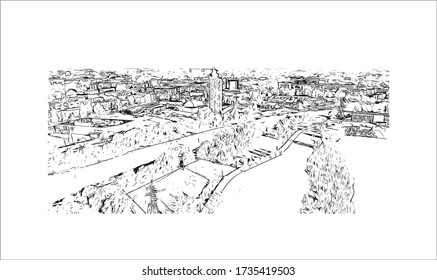 Building view with landmark of Tartu is a city in eastern Estonia. It’s known for the prestigious, 17th-century University of Tartu. Hand drawn sketch illustration in vector.