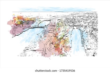 Building view with landmark of Tartu is a city in eastern Estonia. It’s known for the prestigious, 17th-century University of Tartu. Watercolor splash with Hand drawn sketch illustration in vector.