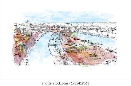 Building view with landmark of Tartu is a city in eastern Estonia. It’s known for the prestigious, 17th-century University of Tartu. Watercolor splash with Hand drawn sketch illustration in vector.