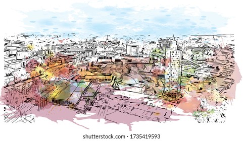 Building view with landmark of Tartu is a city in eastern Estonia. It’s known for the prestigious, 17th-century University of Tartu. Watercolor splash with Hand drawn sketch illustration in vector.