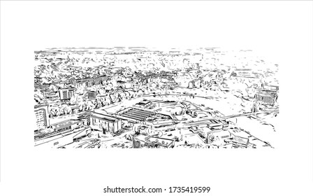 Building view with landmark of Tartu is a city in eastern Estonia. It’s known for the prestigious, 17th-century University of Tartu. Hand drawn sketch illustration in vector.