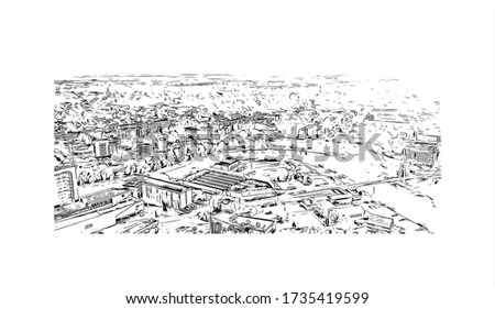 Building view with landmark of Tartu is a city in eastern Estonia. It’s known for the prestigious, 17th-century University of Tartu. Hand drawn sketch illustration in vector.