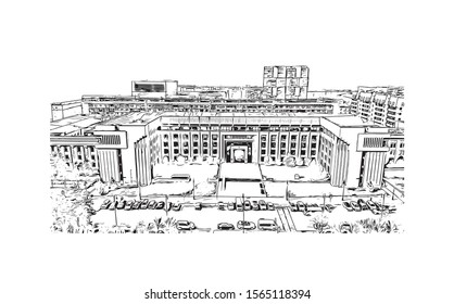 Building view with landmark of Teemu, Almaty, Kazakhstan. Hand drawn sketch illustration in vector.
