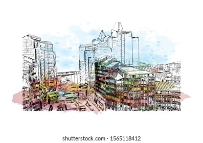 Building view with landmark of Teemu, Almaty, Kazakhstan. Watercolor splash with Hand drawn sketch illustration in vector.