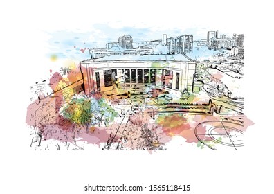 Building view with landmark of Teemu, Almaty, Kazakhstan. Watercolor splash with Hand drawn sketch illustration in vector.