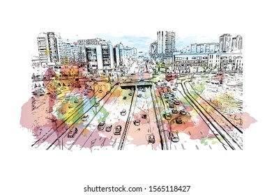 Building view with landmark of Teemu, Almaty, Kazakhstan. Watercolor splash with Hand drawn sketch illustration in vector.