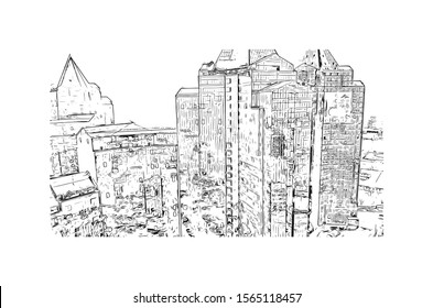 Building view with landmark of Teemu, Almaty, Kazakhstan. Hand drawn sketch illustration in vector.