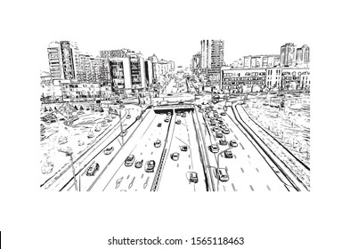 Building view with landmark of Teemu, Almaty, Kazakhstan. Hand drawn sketch illustration in vector.