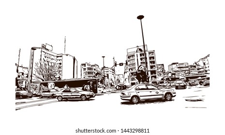 Building view with landmark of Tehran is the capital of Iran, in the north of the country. hand drawn sketch illustration in vector.