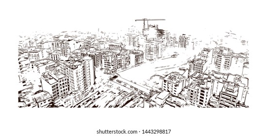 Building view with landmark of Tehran is the capital of Iran, in the north of the country. hand drawn sketch illustration in vector.