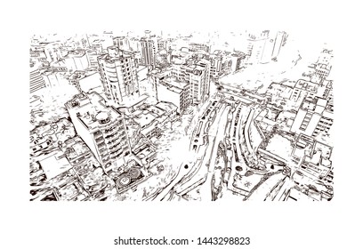 Building view with landmark of Tehran is the capital of Iran, in the north of the country. hand drawn sketch illustration in vector.