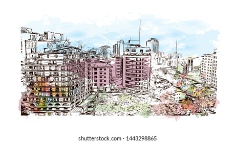 Building view with landmark of Tehran is the capital of Iran, in the north of the country. hand drawn sketch illustration in vector.