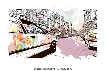 Building view with landmark of Tehran is the capital of Iran, in the north of the country. hand drawn sketch illustration in vector.