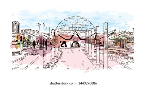 Building view with landmark of Tehran is the capital of Iran, in the north of the country. hand drawn sketch illustration in vector.