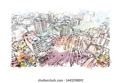 Building view with landmark of Tehran is the capital of Iran, in the north of the country. hand drawn sketch illustration in vector.