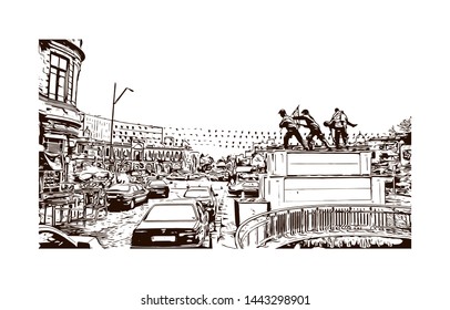 Building view with landmark of Tehran is the capital of Iran, in the north of the country. hand drawn sketch illustration in vector.