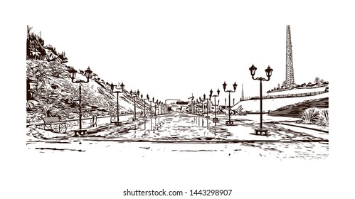 Building view with landmark of Tehran is the capital of Iran, in the north of the country. hand drawn sketch illustration in vector.