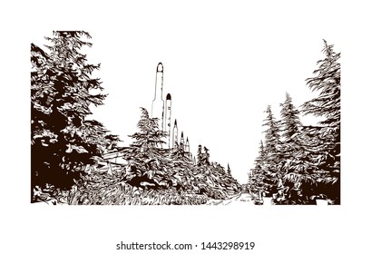 Building view with landmark of Tehran is the capital of Iran, in the north of the country. hand drawn sketch illustration in vector.