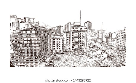 Building view with landmark of Tehran is the capital of Iran, in the north of the country. hand drawn sketch illustration in vector.