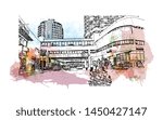 Building view with landmark of Tel Aviv, a city on Israel’s Mediterranean coast. Watercolor splash with Hand drawn sketch illustration in vector.